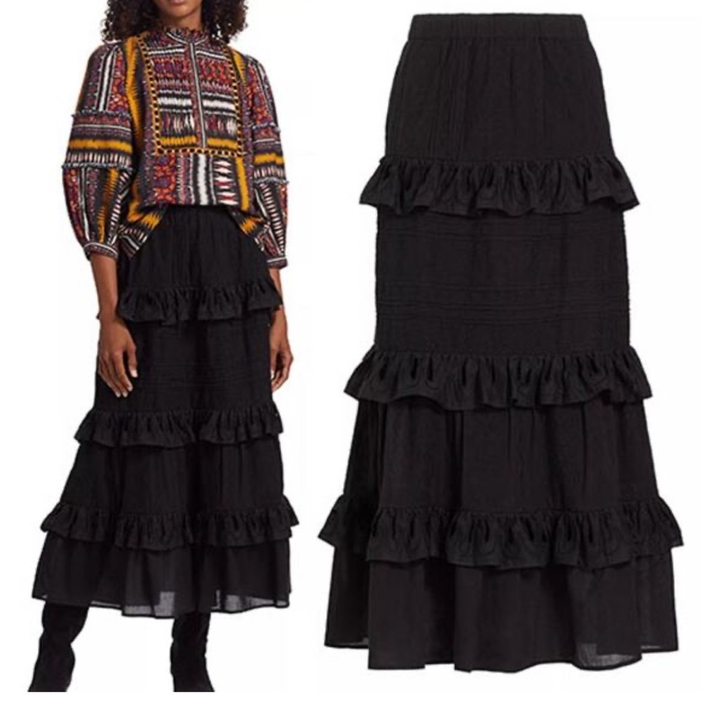 NWOT FIGUE Elastic Waist Ruffle Tiered Eyelet Black Cotton Midi Skirt - M